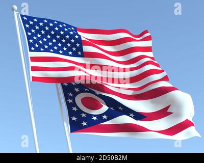 Zwei wehende Staatsflaggen der Vereinigten Staaten und des Ohio Zustandes auf dem blauen Himmel. Hochwertiger Geschäftshintergrund. 3d-Illustration Stockfoto