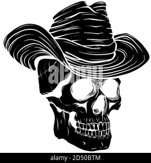 Schwarze Silhouette Spooky Cowboy Totenkopf Charakter mit klassischen Filzhut Im Cartoon-Stil Stock Vektor