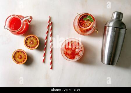 Eiscocktails mit Blutorange in Gläsern, dekoriert mit Orangenscheiben und frischer Minze auf Spieße, serviert mit Retro-Stroh, Krug Saft und Shaker Stockfoto