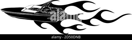 Schwarze Silhouette Speedboat Flammen Vektor-Illustration. Luxus und teure Boot. Stock Vektor