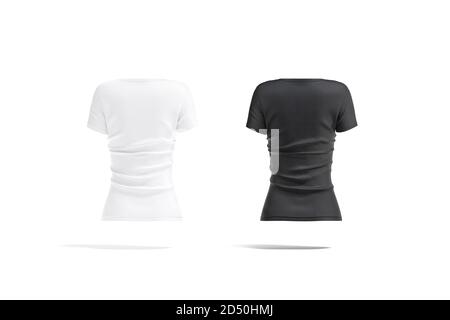 Blank schwarz und weiß Frauen Slimfit T-Shirt Mockup, Rückansicht Stockfoto