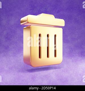 Papierkorb-Symbol. Gold glänzend Papierkorb Symbol isoliert auf violettem Samt Hintergrund. Modernes Icon für Website, Social Media, Präsentation, Design Template Element. 3D-Rendering. Stockfoto