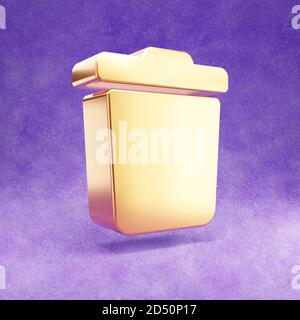 Papierkorb-Symbol. Gold glänzend Papierkorb Symbol isoliert auf violettem Samt Hintergrund. Modernes Icon für Website, Social Media, Präsentation, Design Template Element. 3D-Rendering. Stockfoto