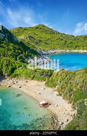 Porto Timoni Strand, Doppelstrand Bucht, Korfu, Griechenland Stockfoto