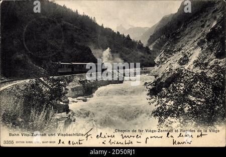 Bahn Visp Zermatt und Vispbachfälle, Chemin de fer Viege Zermatt, Rapides weltweit im Einsatz Stockfoto