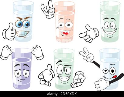 Glas Wasser Cartoon Charakter. Emoticon Kollektion. Cartoon-Zeichen für Kinder Malbuch, Malvorlagen, T-Shirt-Print, Symbol, Logo, Label, p Stock Vektor