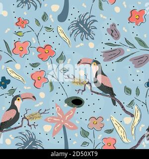 Kreative Sommer Muster mit exotischen Vögeln von Toucan auf Hintergrund mit exotischen Pflanzen, Palmen und Blumen. Vector Illustration Stock Vektor