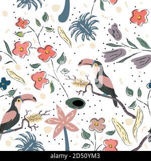 Kreative Sommer Muster mit exotischen Vögeln von Toucan auf Hintergrund mit exotischen Pflanzen, Palmen und Blumen. Vector Illustration Stock Vektor