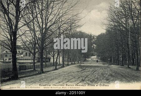 Colombier Kt. Neuenburg, Bahnhof Neuchatel Hamways Allees et Chateau weltweit im Einsatz Stockfoto