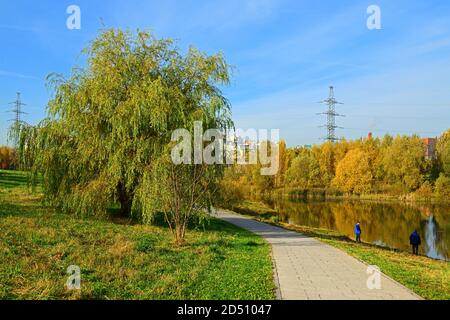 Goldener Herbst. Alley am Seeufer im Landscape Park, Moskau, Russland Stockfoto