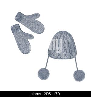 Weiche graue gestrickte warme Mütze mit Fäustlingen handgezeichnete Aquarell-Illustration, feminine trendige Kopfbedeckung, Winter-Accessoire für Weihnachten Feiertagsfeier Design Stockfoto