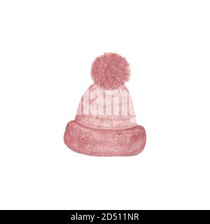 Weiche rosa gefärbte gestrickte warme Mütze für den Winter handgezeichnete Aquarell-Illustration auf dem weißen Hintergrund, feminine trendige Kopfbedeckung, Winter-Accessoire für Weihnachtsfeiertage Stockfoto