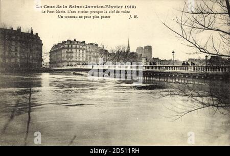 Paris, Inondation 1910, Le Pont Marie, l'Eau atteint presque la clef de voûte – weltweite Nutzung Stockfoto