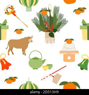 Vektor nahtlose Muster Symbole des japanischen Neujahr 2021. Ochse, asiatische Laterne, Wasserkocher Tasse, Lebensmittel, Rechen, Mandarinen, Geschenk, Glocke, Kiefer, Bambus Dekorationen Stock Vektor
