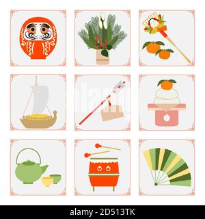 Symbole des japanischen Neujahr 2021 Asiatische Laterne Daruma Mandarinen Pfeil Lebensmittel Rechen Wasserkocher, Tassen, Trommel, Schatzschiff, Kiefer Bambus Dekorationen bei en Stock Vektor