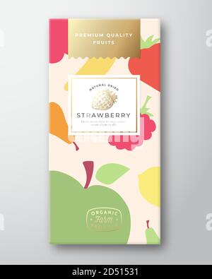 Getrocknete Früchte Etikett Verpackung Design Layout. Abstrakt Vektor Papier Box mit bunten Früchten und Beeren Muster Hintergrund Cover. Moderne Typografie und Stock Vektor