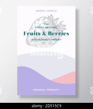Aroma Kerze Vektor Label Vorlage. Früchte und Beeren Duft von lokalen Lieferanten Werbedesign. Erdbeere Skizze Hintergrund Layout mit abstrakten Stock Vektor
