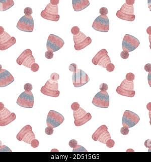 Weiche rosa gefärbte gestrickte warme Hüte wiederholen Muster handgezeichnete Aquarell Illustration, feminine trendige Kopfbedeckung, Winter-Accessoire für Weihnachten Urlaub Feier Design, einfache warme Ornament Stockfoto