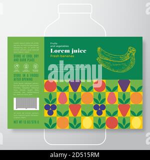 Obst und Gemüse Muster Saft Label Vorlage. Abstraktes Vektor-Verpackungsdesign-Layout. Modernes Typografie-Banner mit handgezeichneten Bananen Stock Vektor