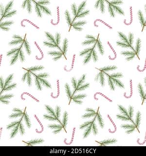 Wiederholen Sie Muster von Tannenbaum Zweig und Süßigkeiten Stöcke Aquarell Illustration, einfache Hand gezeichnet festliche Stimmung nahtlose Muster für Grußkarte, Banner, Winterurlaub Feier Design Stockfoto