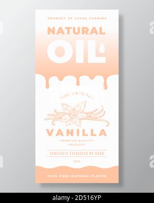 Natürliches Öl Abstrakt Vektor Verpackung Design oder Label-Vorlage. Moderne Typografie, gradienter Tropfen und handgezeichnete Vanilla Flower Spyce Sketch Stock Vektor