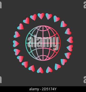 Globe Symbol, Kreis der Herzen. Farbverlauf, blau rosa rot. Konzept der Liebe, Güte, Frieden auf dem Planeten. Stock Vektor