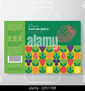 Obst und Gemüse Muster Saft Label Vorlage. Abstraktes Vektor-Verpackungsdesign-Layout. Modernes Typografie-Banner mit handgezeichneter Erdbeere Stock Vektor