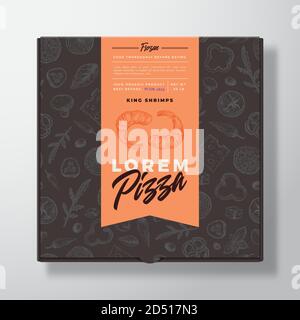 King Shrimps Gefrorene Pizza Realistische Karton-Box. Abstraktes Vektor-Verpackungsdesign oder -Etikett. Moderne Typografie, Skizze Nahtloses Lebensmittelmuster. Schwarz Stock Vektor