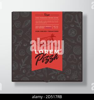 Sonnengetrocknete Tomaten Gefrorene Pizza Realistische Karton-Box. Abstraktes Vektor-Verpackungsdesign oder -Etikett. Moderne Typografie, Skizze Nahtloses Lebensmittelmuster Stock Vektor