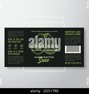 Handgefertigte Gemüse und Kräuter Sauce Label Template. Abstraktes Vektor-Verpackungsdesign-Layout. Modernes Typografie-Banner mit handgezeichneter Avocado Stock Vektor