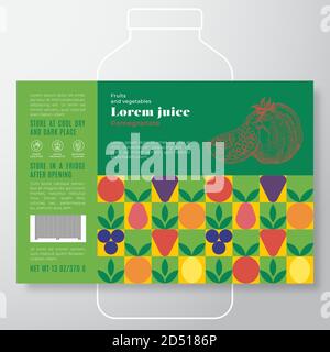 Obst und Gemüse Muster Saft Label Vorlage. Abstraktes Vektor-Verpackungsdesign-Layout. Moderne Typografie Banner mit handgezeichneter Granatapfel mit Stock Vektor