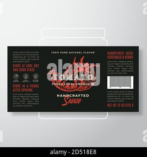 Handgefertigte Gemüse und Kräuter Sauce Label Template. Abstraktes Vektor-Verpackungsdesign-Layout. Modernes Typografie-Banner mit handgezeichneter Tomate mit einem Stock Vektor