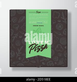 Grüne Basil Frozen Pizza Realistische Karton-Box. Abstraktes Vektor-Verpackungsdesign oder -Etikett. Moderne Typografie, Skizze Nahtloses Lebensmittelmuster. Schwarz Stock Vektor