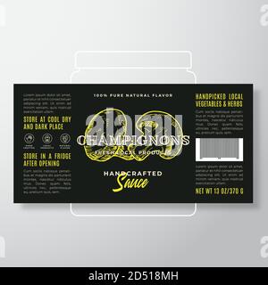 Handgefertigte Gemüse und Kräuter Sauce Label Template. Abstraktes Vektor-Verpackungsdesign-Layout. Modernes Typografie-Banner mit handgezeichneter Champignon Stock Vektor