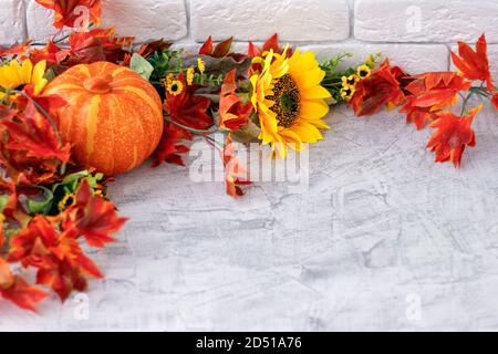 Schönes Herbststillleben mit Sonnenblumen, rot-gelben Blüten, Herbstblättern und orangefarbenem Kürbis auf weißem Backsteinwand-Hintergrund. Vorderansicht. Herbstkonzept mit Kürbis und Blumen. Copy Space Weicher Fokus. Stockfoto