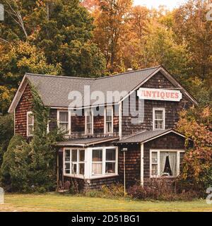 Antiquitätengeschäft und Herbstfarben in Hunter, Catskill Mountains, New York Stockfoto