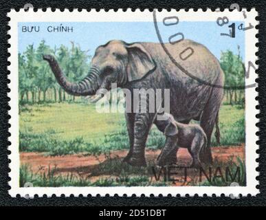 Briefmarke. Asiatische Elefanten. Elefantenweibchen mit Elefantenkalb, Serie, Vietnam, 1986 Stockfoto