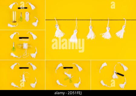 Halloween DIY Konzept. Machen Sie eine niedliche Girlande von Geistern aus Stricken. Collage. Schritt 1-7. Stockfoto