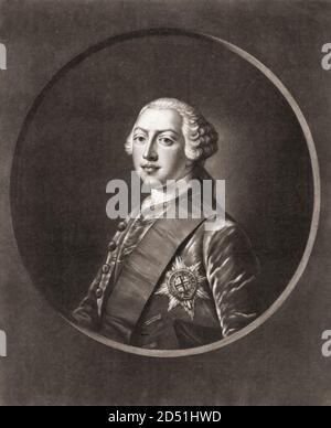 König Georg III. Von England als Prinz von Wales. George III (George William Frederick) 1738 - 1820. König des Vereinigten Königreichs von Großbritannien und Irland. Nach einem Stich von Richard Houston aus dem 18. Jahrhundert nach einem Werk von Henry Robert Morland. Stockfoto