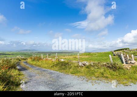 Einspurige Straße mit Gras wächst entlang der Mitte auf der Killeen Schleife Spaziergänge in der Nähe von Louisburgh, County Mayo, Irland Stockfoto