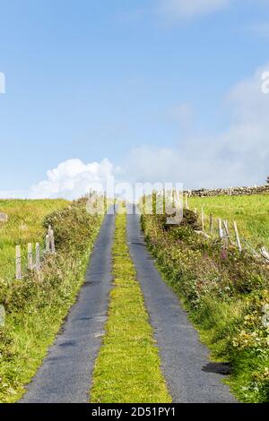 Einspurige Straße mit Gras wächst entlang der Mitte auf der Killeen Schleife Spaziergänge in der Nähe von Louisburgh, County Mayo, Irland Stockfoto