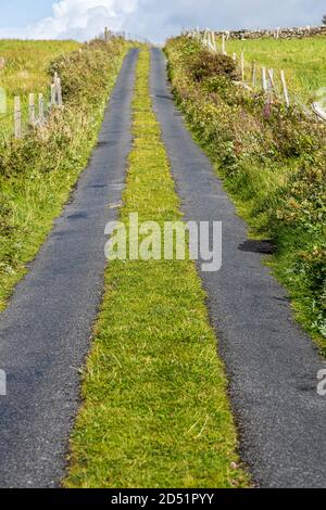 Einspurige Straße mit Gras wächst entlang der Mitte auf der Killeen Schleife Spaziergänge in der Nähe von Louisburgh, County Mayo, Irland Stockfoto