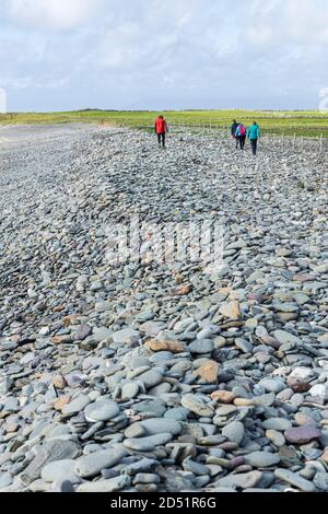 Wandern auf Killadoon steinigen Strand in starkem Wind entlang der Killeen Schleife Spaziergänge in der Nähe von Louisburgh, County Mayo, Irland Stockfoto