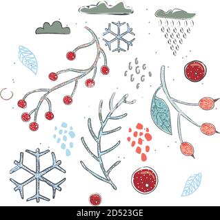 Cute Winter Symbol mit Winter Beeren, Wolken und Schneeflocken. Hand gezeichnet, im skandinavischen Stil. Vector Illustration Stock Vektor