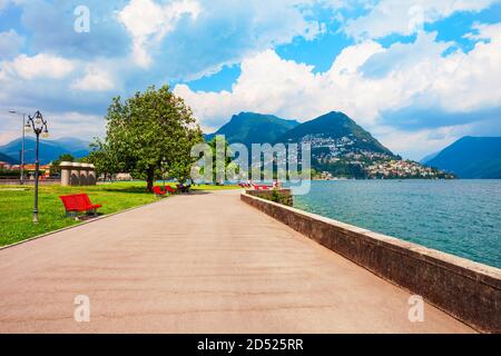 Lugano See und Lugano Panoramablick im Kanton Tessin in der Schweiz Stockfoto
