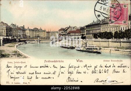 Wien, Franz Josefs Quai, Ferdinandbrücke, untere Donaustraße - weltweite Nutzung Stockfoto