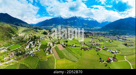 Südtiroler Weinberge Antenne Panoramaaussicht in der Nähe von Meran oder Meran Stadt in Norditalien Stockfoto