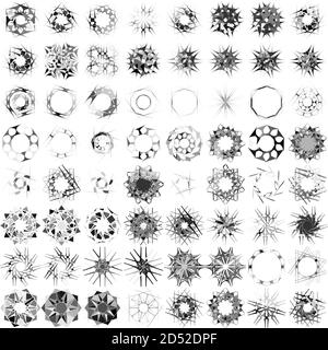 Set von verschiedenen Arten abstrakter Edelstein, Kristallformen. Kreisförmige, radiale Motive, Ikonen-Set Stock Vektor