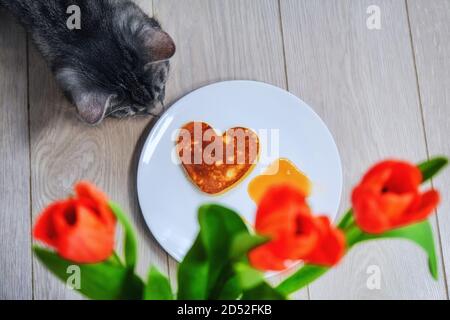 Katze schnüffelt einen Teller Pfannkuchen auf einem Holztisch. Meine Frau und Blumen zum Valentinstag backen. Katze auf dem Tisch. Herzförmiger Pfannkuchen und rote Blumen. Stockfoto