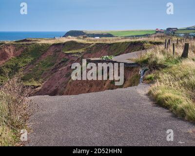 Ein Abschnitt des Küstenweges des Cleveland Way in der Nähe von Staithes in North Yorkshire, Großbritannien, verlor durch Einsturz des Bodens aufgrund von Küstenerosion. Stockfoto